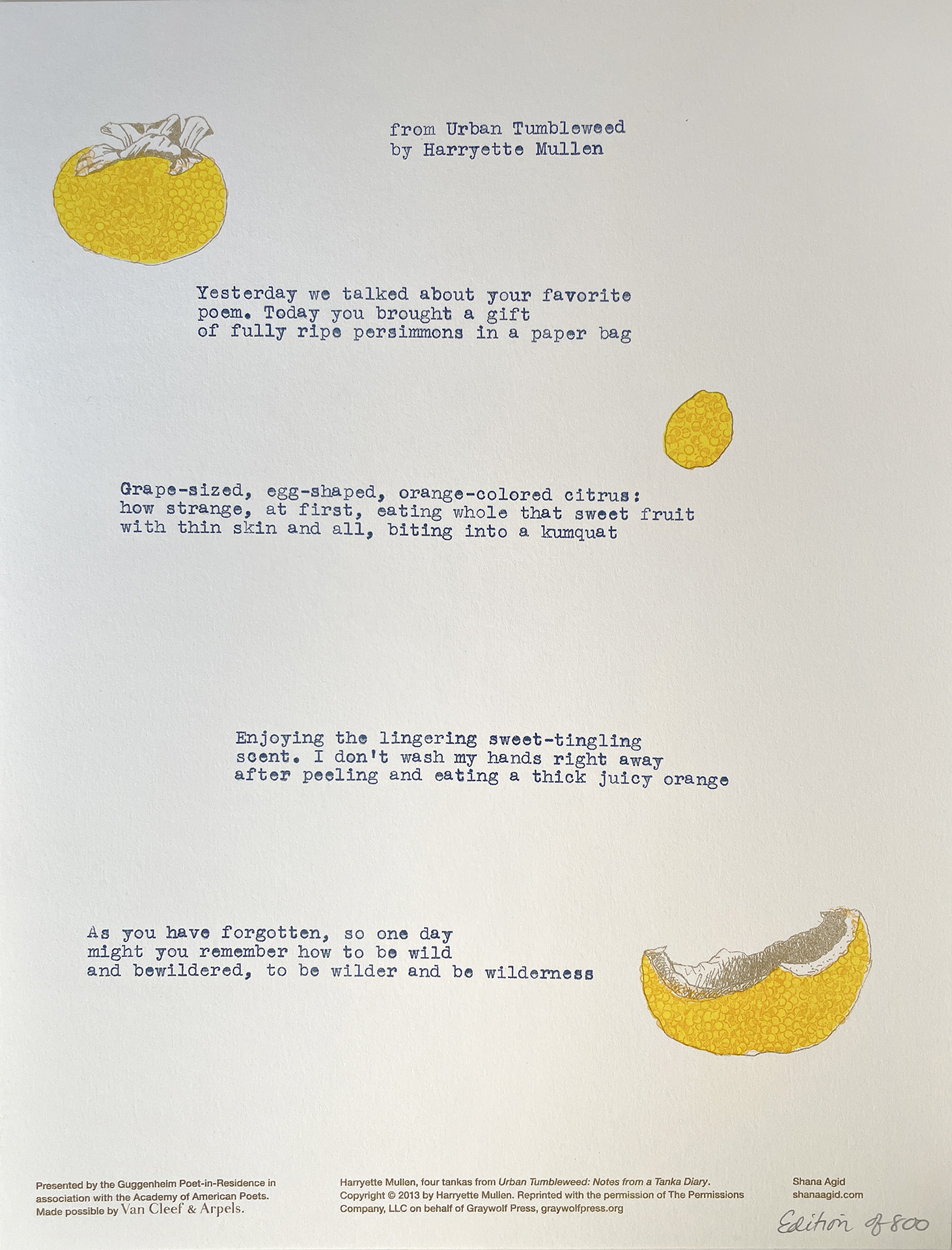 Risograph printed broadside with a persimmon, kumquat, and the bottom half of an orange peel. Text of four tankas. 
